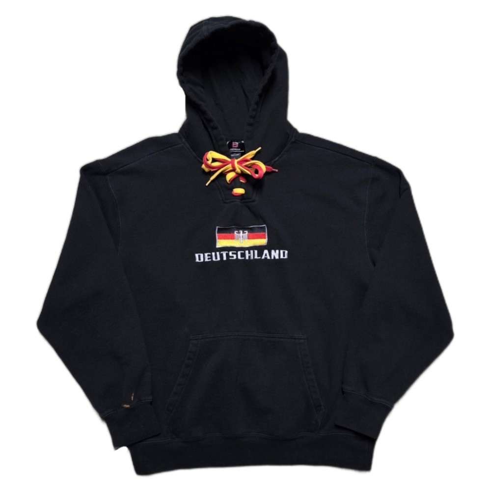 Vintage‎ Deutschland Hoodie Mens L Black German Flag Soccer Pullover Sweatshirt